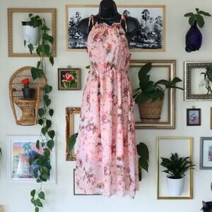 Women's R & Y Studio Pink Floral Halter Maxi Dress w Flower Appliqués Sz Medium